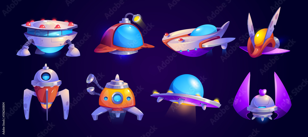Poster alien spaceship game icons vector set. funny rockets, ufo shuttles cartoon collection illustrations 