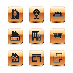 Set Search house, House with percant discount, Market store, Hanging sign Rent, Garage, plan and Location lock icon. Vector