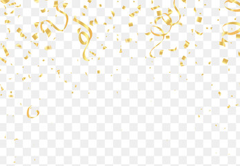 Falling shiny golden confetti isolated on transparent background.VIP flying sparkle elements, gold foil texture serpentine streamers confetti falling new year vector.