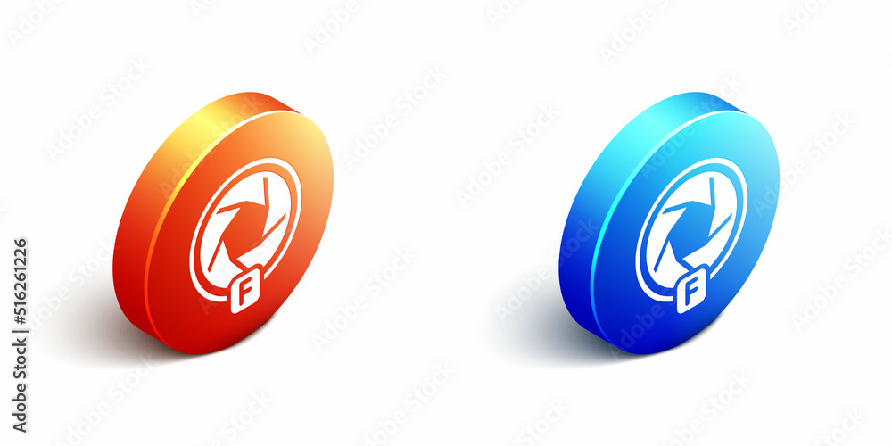 Poster isometric camera shutter icon isolated on white background. orange and blue circle button. vector