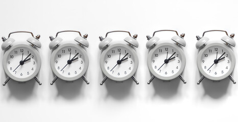 Alarm clocks on a white background isolated, flat lay, black and white photo.