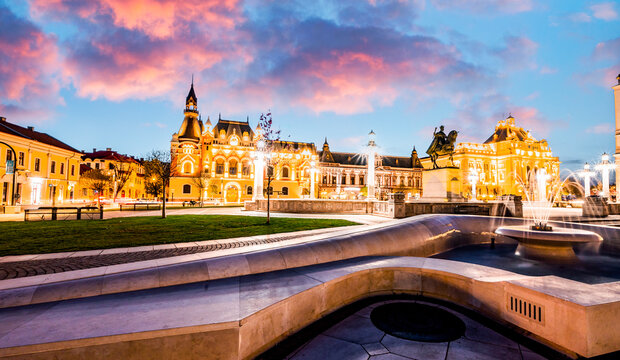 Oradea, Romania with Union Square (Piata Unirii), The Capital of Art Nouveau. Western Transylvania in Romania. Historical cultural city in europe