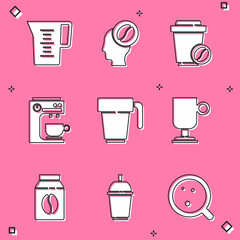 Set Jug glass with water, Barista, Coffee cup to go, machine, Irish coffee, Bag beans and icon. Vector