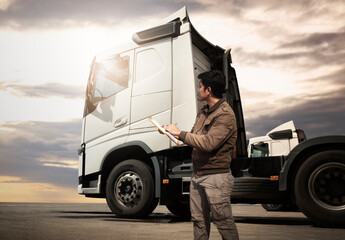 Truck Drivers Checking the Semi Truck's Maintenance Checklist. Inspection Safety Before Driving....