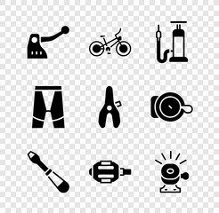 Set Bicycle brake, air pump, Screwdriver, pedal, bell, Cycling shorts and seat icon. Vector