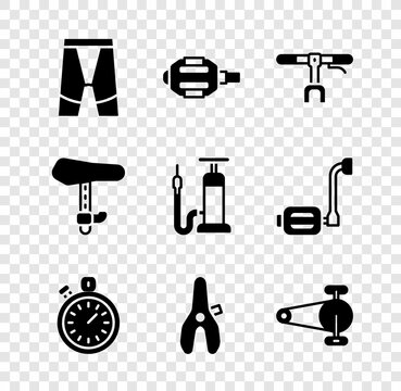 Set Cycling shorts, Bicycle pedal, handlebar, Stopwatch, seat, chain with gear, and air pump icon. Vector