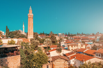 Yivli or flute minaret mosque is a religious symbol and travel landmark of Antalya resort town in Turkey. Attractions and destinations in Kaleice old town