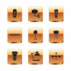 Set Light emitting diode, LED light bulb, Table lamp, Floor, Fluorescent, Chandelier and Wall sconce icon. Vector