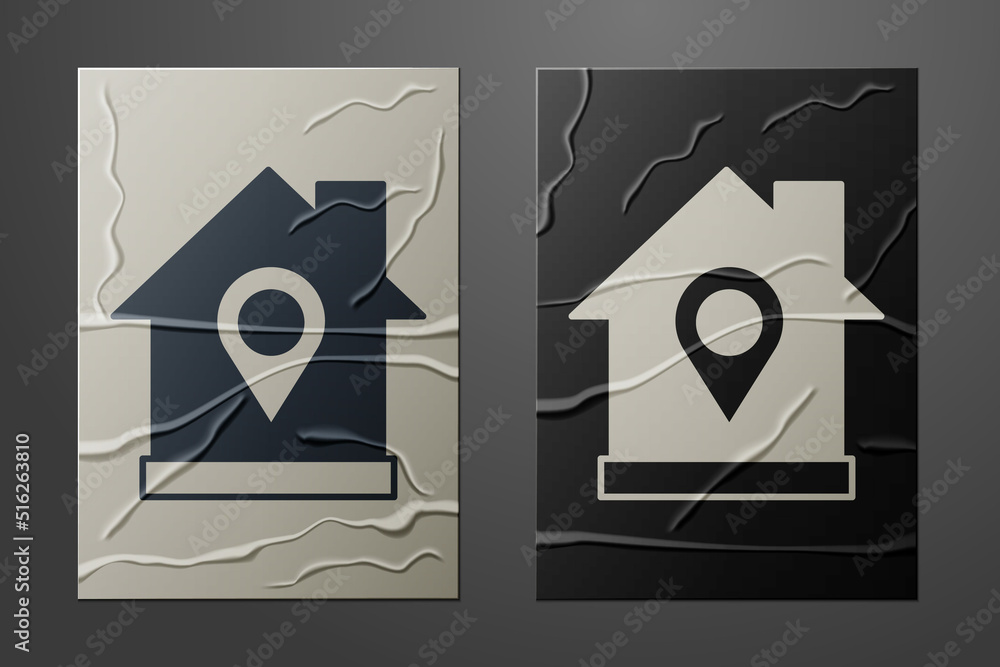 Poster white map pointer with house icon isolated on crumpled paper background. home location marker symbol