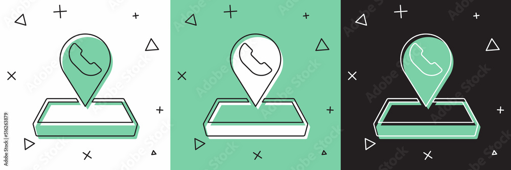 Poster set map pointer with telephone or communication icon isolated on white and green, black background. 