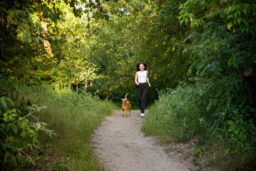 Fototapeta premium Young beautiful smiling woman walking with her dog in the woods