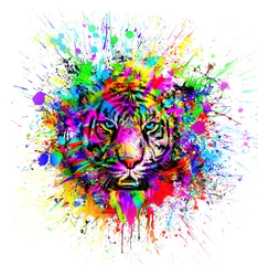 Tuinposter Bright abstract colorful background with tiger, paint splashes © reznik_val