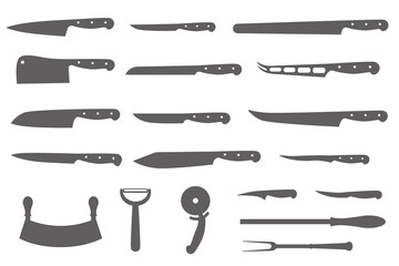 Chef knives set. Butcher meat cutting design elements. Silhouettes of cook kitchenware. Vector illustration