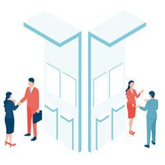 展示会ブースで商談をするビジネスパーソンのアイソメイラスト