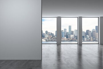 Downtown Seattle City Skyline Buildings from High Rise Window. Beautiful Expensive Real Estate overlooking. Empty room Interior. Mockup wall. Skyscrapers Cityscape. Day. USA. 3d rendering