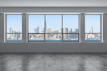Fototapeta premium Empty room Interior Skyscrapers View Cityscape. Downtown San Francisco City Skyline Buildings from High Rise Window. Beautiful California Real Estate. Day time. 3d rendering.