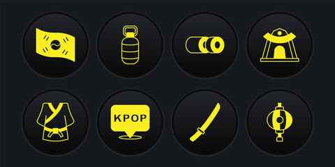 Set Kimono, Korean temple, K-pop, Katana, Sushi, lantern, and South flag icon. Vector