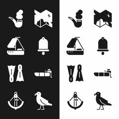 Set Ship bell, Yacht sailboat, Smoking pipe, Pirate treasure map, Flippers for swimming, Inflatable with motor, Bird seagull and Anchor icon. Vector