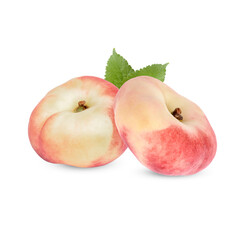 Fresh donut peach with leaves isolated on white background