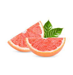 Ripe half of pink grapefruit citrus fruit with leaves isolated on white background