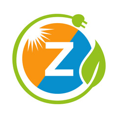 Letter Z Solar Energy Logo Design Concept with Sun, Leaf and Electric Plug Solar Panel Vector Template