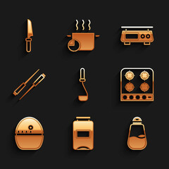 Set Kitchen ladle, Jam jar, Salt, Gas stove, timer, Food chopsticks, Electronic scales and Knife icon. Vector