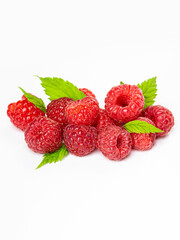 Ripe raspberries with leaf isolated on a white background