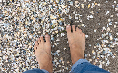 Close-up, female feet on the beach with seashells and sand.