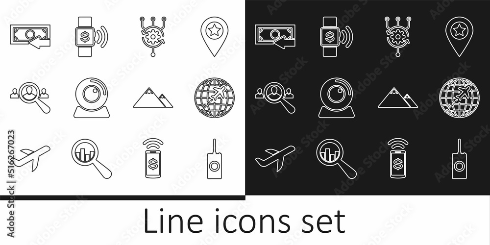 Poster set line remote control, globe with flying plane, algorithm, web camera, magnifying glass for search