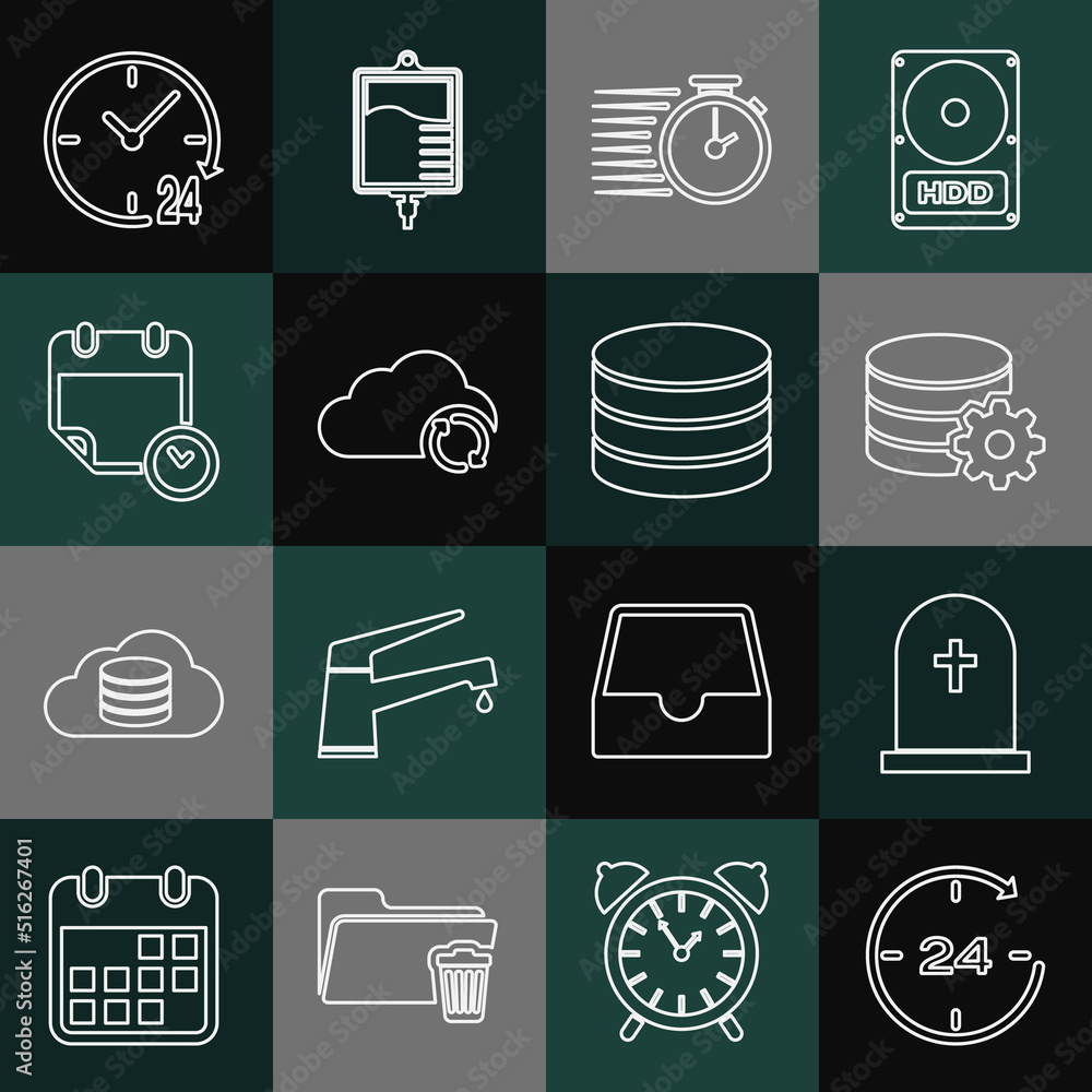 Aufkleber set line clock 24 hours, tombstone with cross, setting database server, stopwatch, cloud sync refres