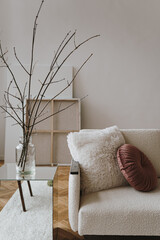 Aesthetic modern Scandinavian home interior design. Elegant living room with comfortable sofa, mid-century furniture, cozy carpet, wooden floor, white walls, home plants
