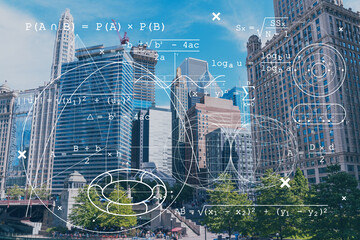 Panorama cityscape of Chicago downtown and Riverwalk, boardwalk with bridges at day time, Chicago, Illinois, USA. Education concept. Academic research, top ranking universities, hologram