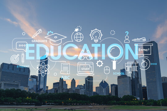 Chicago skyline from Butler Field to financial district skyscrapers at sunset, Illinois, USA. Parks and gardens. Education concept. Academic research, top ranking universities, hologram