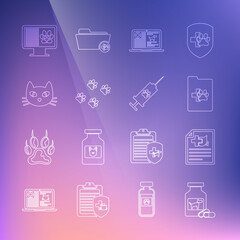 Set line Dog medicine bottle and pills, Medical certificate for dog or cat, Clinical record pet, on laptop, Paw print, Cat, monitor and Syringe with vaccine icon. Vector