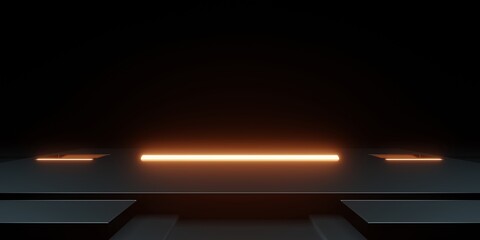 3d rendering of orange neon glowing spaceship corridor black background. Scene for advertising, showroom, technology, future, modern, sport, game, metaverse, warehouse, garage. Sci Fi Illustration