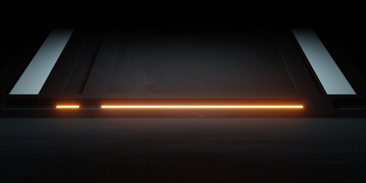 3d Rendering Of Orange Neon Glowing Spaceship Corridor Black Background. Scene For Advertising, Showroom, Technology, Future, Modern, Sport, Game, Metaverse, Warehouse, Garage. Sci Fi Illustration