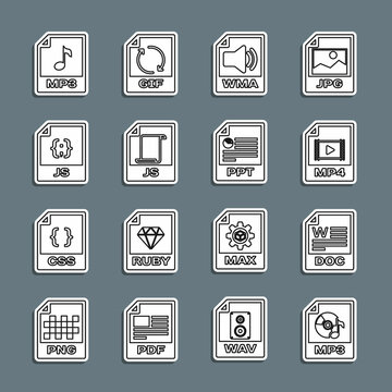 Set line MP3 file document, DOC, MP4, WMA, JS, and PPT icon. Vector
