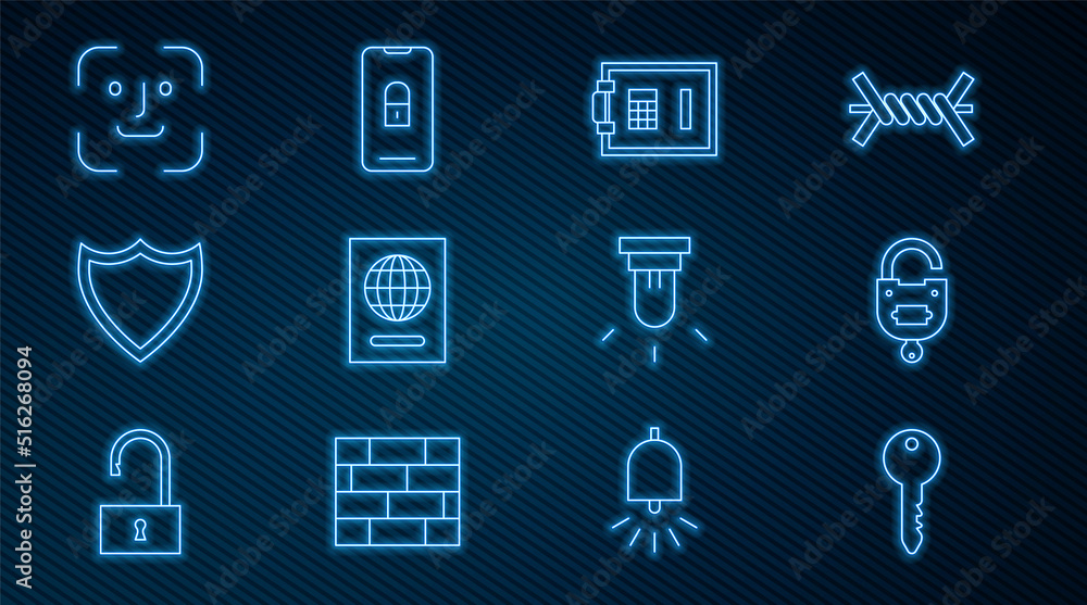 Aufkleber set line key, lock and key, safe, passport, shield, face recognition, motion sensor and mobile with 