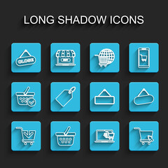 Set line Add to Shopping cart, basket, Hanging sign with Close, on laptop, cursor, Label template price tag, Signboard hanging and icon. Vector