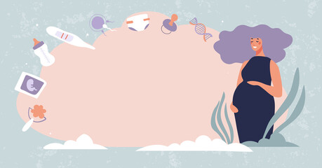 Banner about pregnancy and childbirth. Pregnant mommy on a pink background, template for text. Flat cartoon vector illustration, woman waiting for childbirth.
