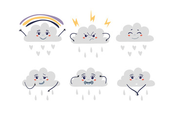 Cloud emoticon with different emotions, thunderstorm, rainbow, rain, cute flat icon for weather forecast, kindergarten, nature lessons. Set of vector illustrations isolated on white.