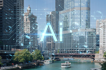 Panorama cityscape of Chicago downtown and Riverwalk, boardwalk with bridges at day time, Illinois, USA. Artificial Intelligence concept. AI and business, machine learning, neural network, robotics