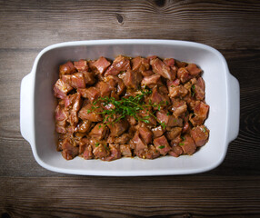 Recipe preparation pork with honey for bbq kebab in a dish, High quality photo