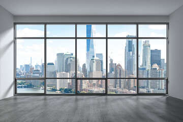 Plakat Downtown New York Lower Manhattan City Skyline Buildings from High Rise Window. Beautiful Expensive Real Estate. Empty room Interior Skyscrapers View Cityscape. Financial district. Day. 3d rendering.
