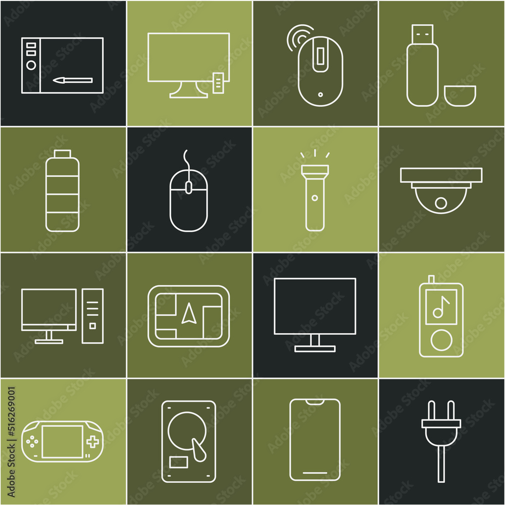Poster set line electric plug, music player, motion sensor, wireless computer mouse, computer, battery char