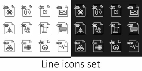 Set line MP3 file document, TXT, JS, AVI, OBJ, MAX, and GIF icon. Vector