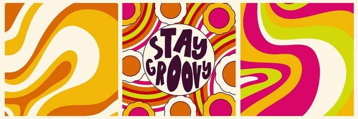 Daisy Flowers, Trippy groovy poster set for print design quote. Psychedelic hippy groovy print. Template poster vector illustration. Abstract vector pattern. Wavy Swirl, checkerboard, btight color