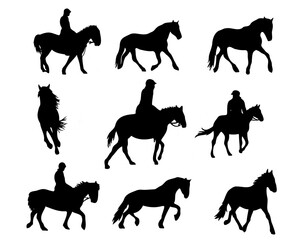 Black shadow illustration jockey riding a horse.Set of horse silhouette in line art style.Horse vector by hand drawing.Horse tattoo on white background.