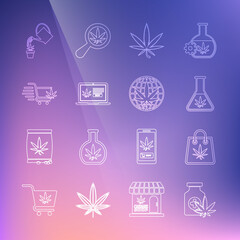Set line Medical bottle with marijuana, Shopping bag of, Test tube, Marijuana or cannabis leaf, Online buying, cart, Watering and Legalize icon. Vector