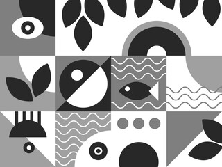  Bauhaus poster template with geometric black and white vivid eye pattern. Futuristic vector background. Abstract universal brochure.